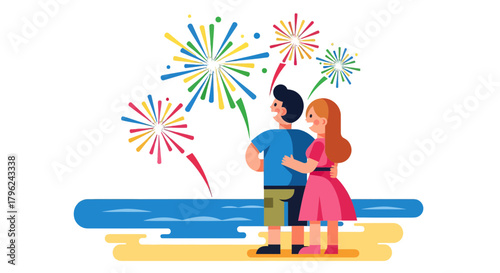 Couple Watching Fireworks Display On The Beach During a Celebratory Event