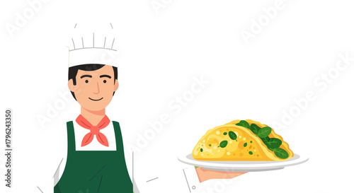 Chef Presenting Delicious Omelette Meal, Isolated on Black Background, Ready to Serve