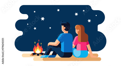Couple Watching Stars Beside A Campfire Under A Dark Sky Embracing Together