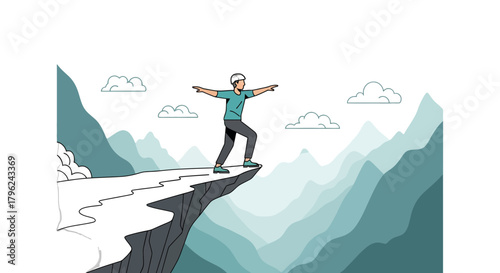 Courageous Person Balancing on Cliff Edge, Overlooking Majestic Mountain Range