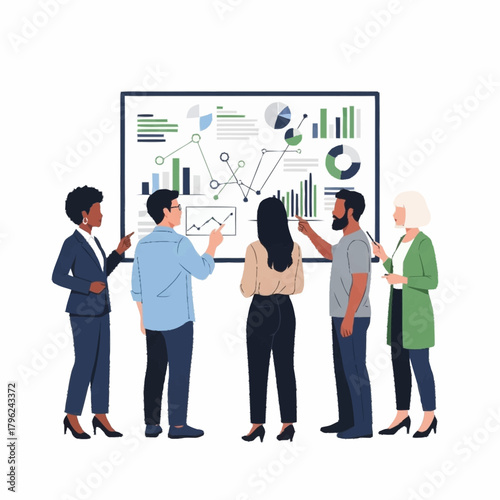 Team analyzing data on a whiteboard during a presentation.