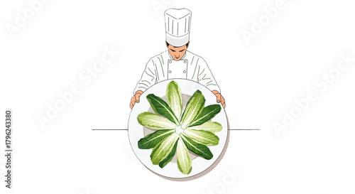 Chef Presenting Fresh Green Salad Arrangement on a Plate, Culinary Delight, Fresh Produce