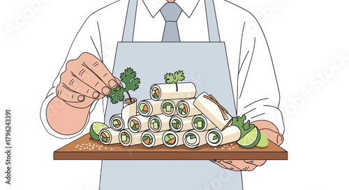 Chef Presenting Fresh Spring Rolls Garnished with Herbs on a Wooden Serving Platter