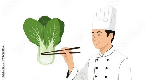 Chef With Bok Choy Holding Chopsticks Ready For Delicious Asian Culinary Recipe