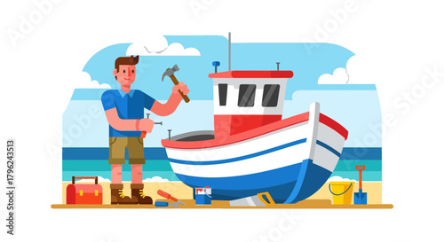 Craftsman Repairing His Boat Near Beach, Hammering Nails With Tools Cartoon Illustration