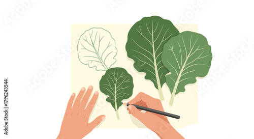 Creating Botanical Art: A Hand Sketches Green Leafy Vegetables For Food Illustration