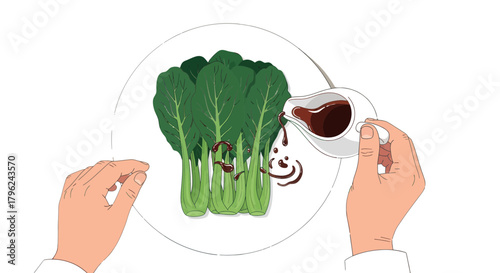 Chef's Hand Pouring Sauce Over Green Vegetables On A White Plate Against Black Background