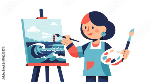 Creative Artist Painting Coastal Scene with Lighthouse and The Waves Representing Creativity