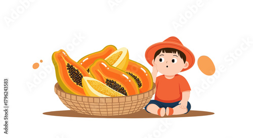Child Amazed By A Basket Filled With Freshly Cut Ripe Papaya Fruits