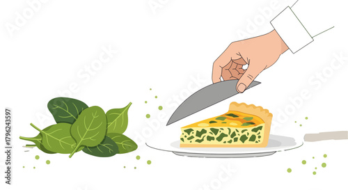 Chef's Hand Cutting A Quiche With Spinach On A Plain Black Background