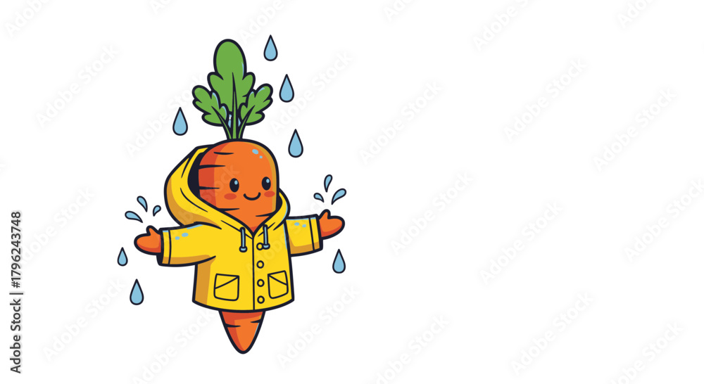 Fototapeta premium Cute Cartoon Carrot in Yellow Raincoat Enjoying the Rainfall Isolated on Black