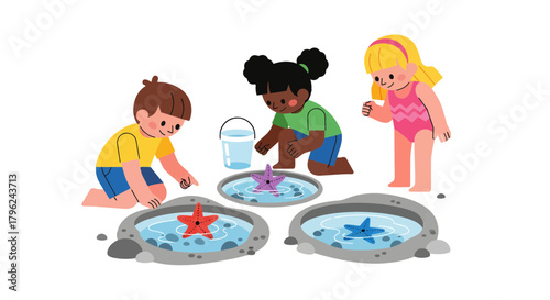 Children Exploring Starfish In Tidal Pools Enjoying A Sunny Day Of Seaside Entertainment