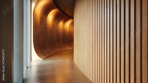 Minimalist Curved Wall and Wood Panel Indoor Zen Garden with Natural Material Integration (AI-Generated)