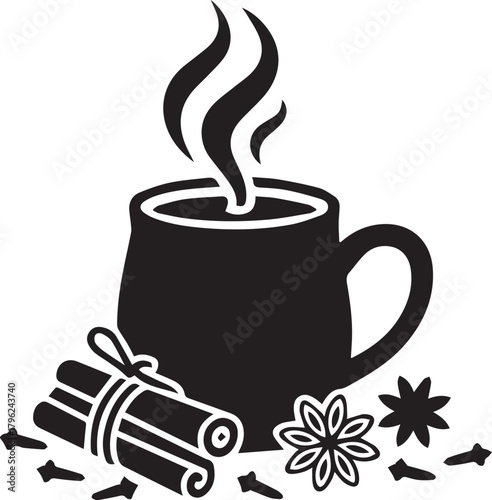 Warm and cozy winter mug with cinnamon sticks and spices black vector illustration