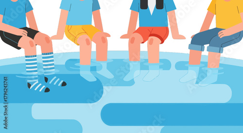 Children Relaxing With Feet Dipped In Water, Enjoying The Refreshing Summer Activity