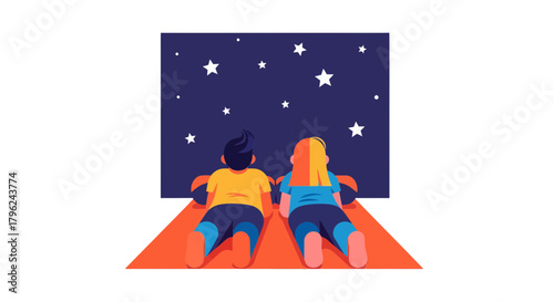 Children Stargazing, Marveling at the Stellar Night Sky, Wondering About the Cosmos