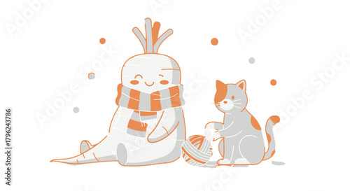 Cute Cartoon Cat Plays With Yarn Beside a Smiling Carrot Character Illustration