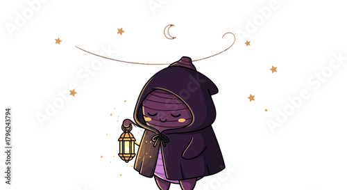 Cute Cartoon Character Holding Lantern Glowing Under A Night Sky With Stars