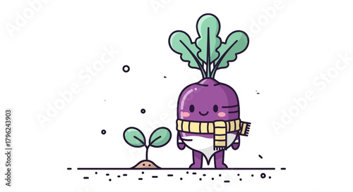Cute Cartoon Vegetable With A Smiling Expression And A Young Plant Adjacent To It