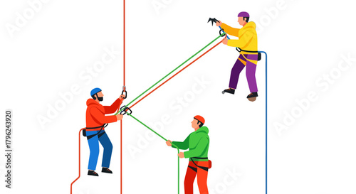 Climbers Practicing Ascend, Rappel, and Training Skills on Dark Background