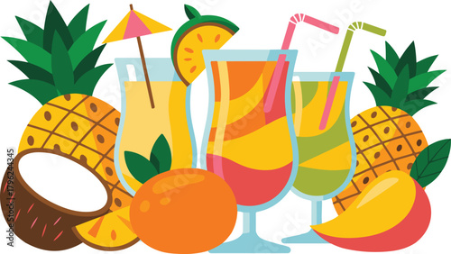 Tropical cocktails with fruits pineapple mango umbrella orange and refreshing beverages