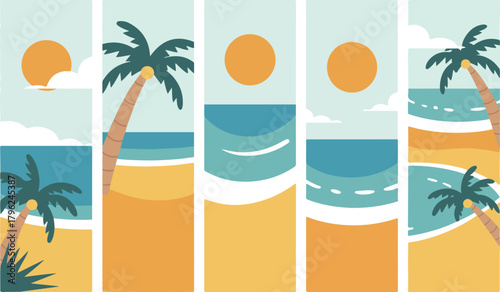 Set of tropical beach scene with palm tree and ocean illustration on summer