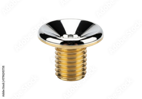 Shiny brass screw with wide countersunk head isolated on transparent background