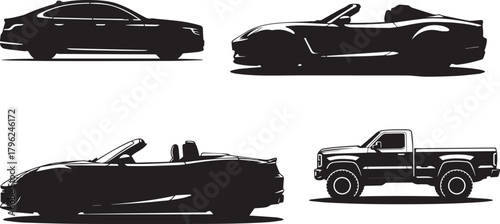 Set of cars silhouettes and automobiles in variety of models on transparent backdrop