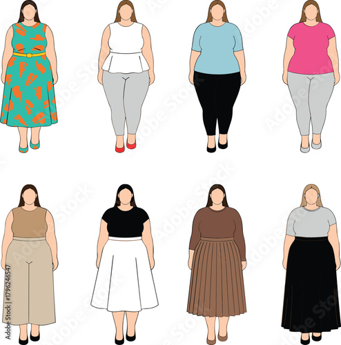 Plus size women fashion illustration, diverse female body shapes, stylish clothing collection, modern outfit design, confidence and beauty concept, body positivity art