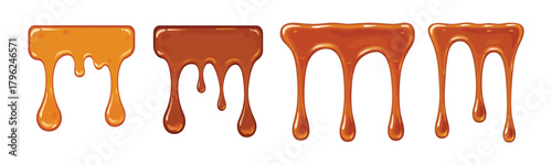 Set of realistic dripping caramel, sweet sauce, and honey flows isolated on a white background