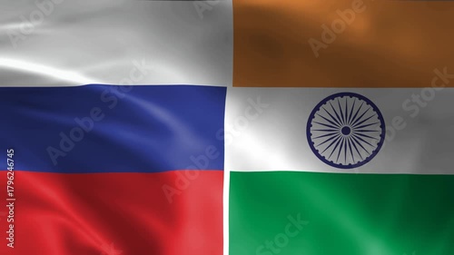 High detailed National flag of Russia and India waving. Realistic Slow Motion Animation. 4K Loop Motion Graphics