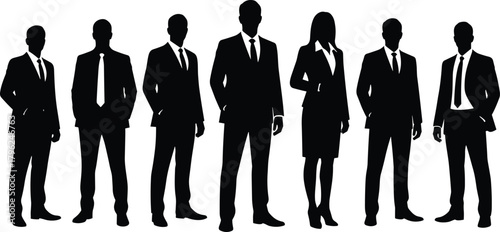 Professional business team silhouettes in formal corporate attire standing confidently, ideal for office presentations, branding, marketing designs, workforce illustrations, and business concepts