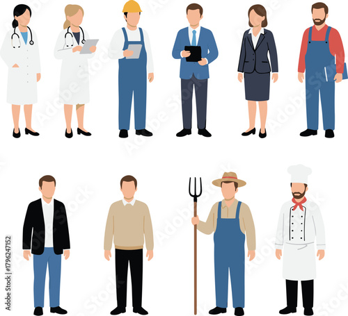 Professional workers illustration, diverse occupations people, doctor engineer chef farmer businessman, flat design characters, teamwork concept, industry and service professionals, vector art