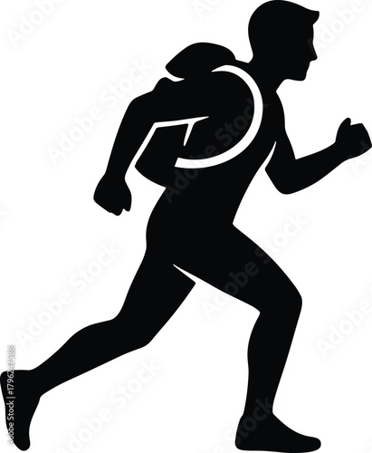 Running man silhouette, athlete with backpack, marathon runner icon, jogging symbol, fitness lifestyle, outdoor sport, training, exercise, endurance, 