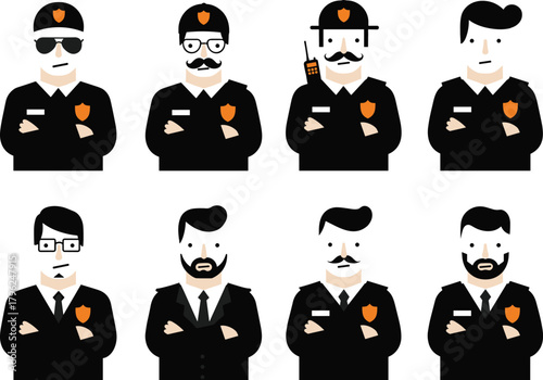 Security guards illustration, diverse male characters in uniform, police and safety personnel vector set, protection and law enforcement concept