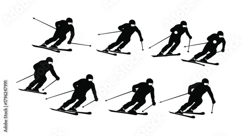 Dynamic Vector Set of Individual Skier Silhouettes Depicting Various Athletic Poses and Downhill Movements for Winter Sports