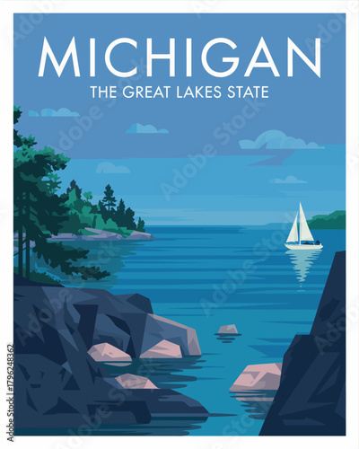Michigan the great lakes state flat style vector illustration for card poster postcard art print