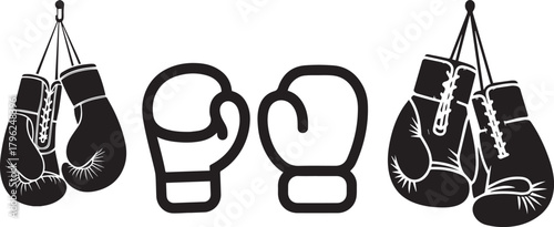 Hanging boxing gloves silhouettes set isolated black gloves on transparent background