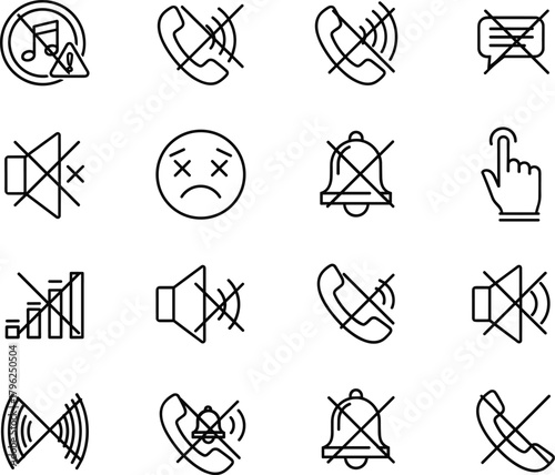 No sound and mute icons collection, phone silence and notification off symbols, quiet mode vector signs for digital design