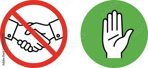 No handshake sign, stop handshake, social distancing symbol, hygiene awareness poster, health safety illustration, prevention warning, avoid contact, virus protection concept