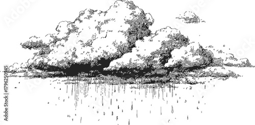 Rain cloud sketch, hand drawn style with falling raindrops and detailed shading — stock vector