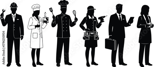 Occupational silhouette set, diverse workforce illustration, black and white art, career icons, professional roles, industry diversity, job representation, stylized figures