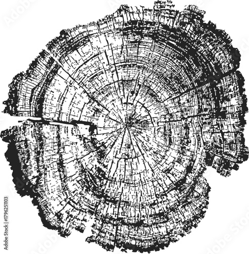 Tree trunk rings sketch, hand drawn cross section showing annual growth lines — stock vector