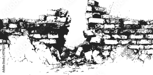 Broken brick wall sketch, hand drawn style with crumbling debris — stock vector