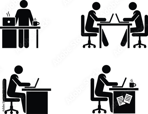 Office work icon set, employees working on laptops, teamwork, productivity, business communication, modern workspace, coffee break, professional collaboration illustration