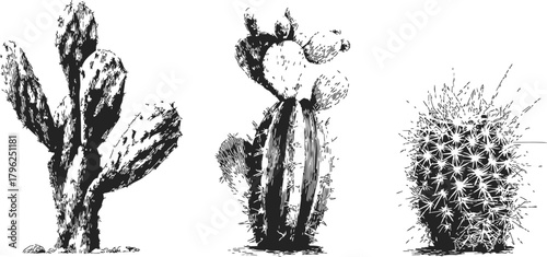 Cactus trio sketch, hand drawn desert plants with prickly details — stock vector