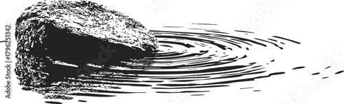 Rock in water sketch, hand drawn style with ripples and splash — stock vector