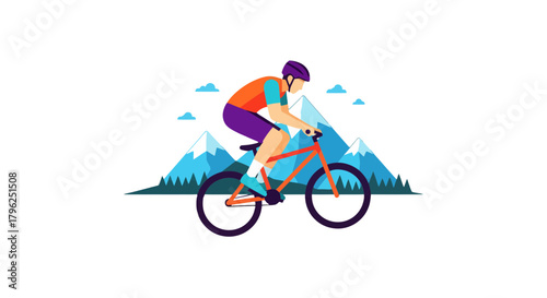 Cyclist Ascending Snowy Peaks: An Adventurous Mountain Biking Illustration