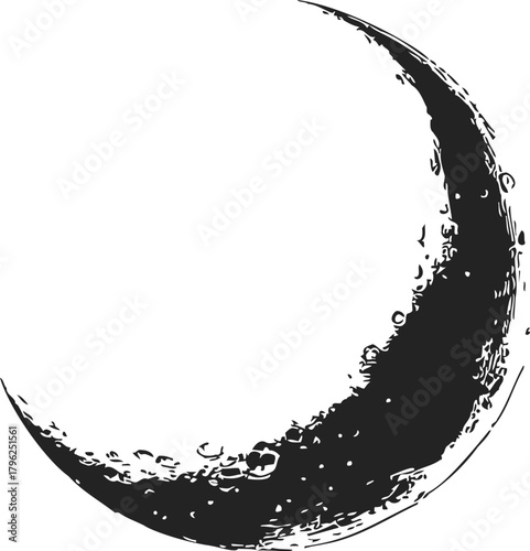 Crescent moon sketch hand drawn with detailed lunar surface texture — stock vector