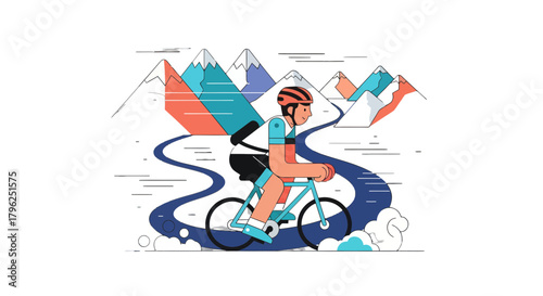 Cyclist Ascending Winding Mountain Road: A Vibrant Vector Illustration for Adventure